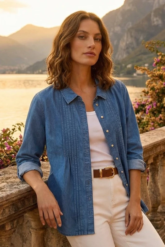 Image of Roman Womens Petite Pintuck Buttoned Blouse in Mid Blue Size: 18 Mid Blue Female 18