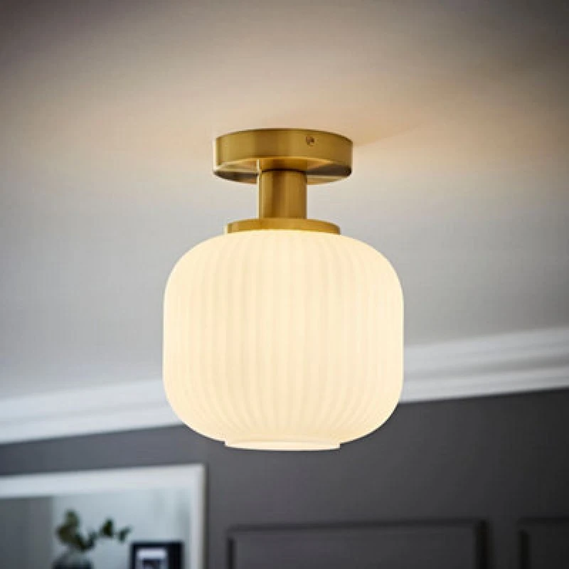 Image of ValueLights Calpe Opal Frosted Glass Shade Flush Gold Stem Ceiling Light Gold