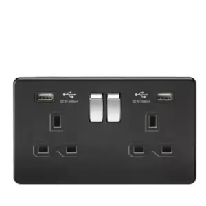 Image of KnightsBridge 13A 2G switched socket with dual USB charger A + A (2.4A) - Matt Black with chrome rockers Rockers