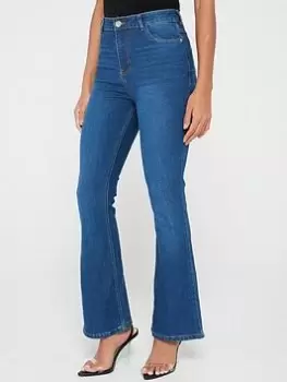 Image of Boohoo Butt Shaper Stretch Flared Jean - Indigo, Blue, Size 12, Women