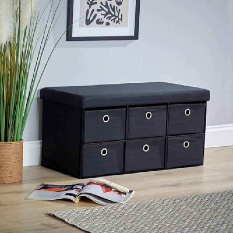 Image of Home Source Rectangular Folding Storage Ottoman Bench 6 Drawer Black