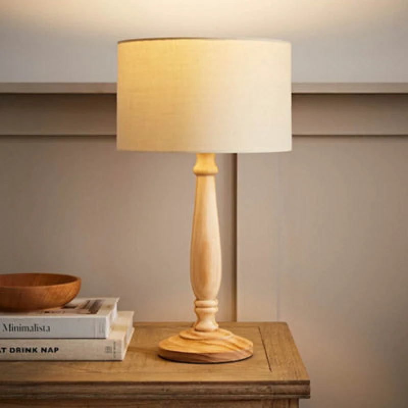 Image of ValueLights Victoria Light Wood Traditional Stem Table Lamp with Fabric Drum Shade Natural