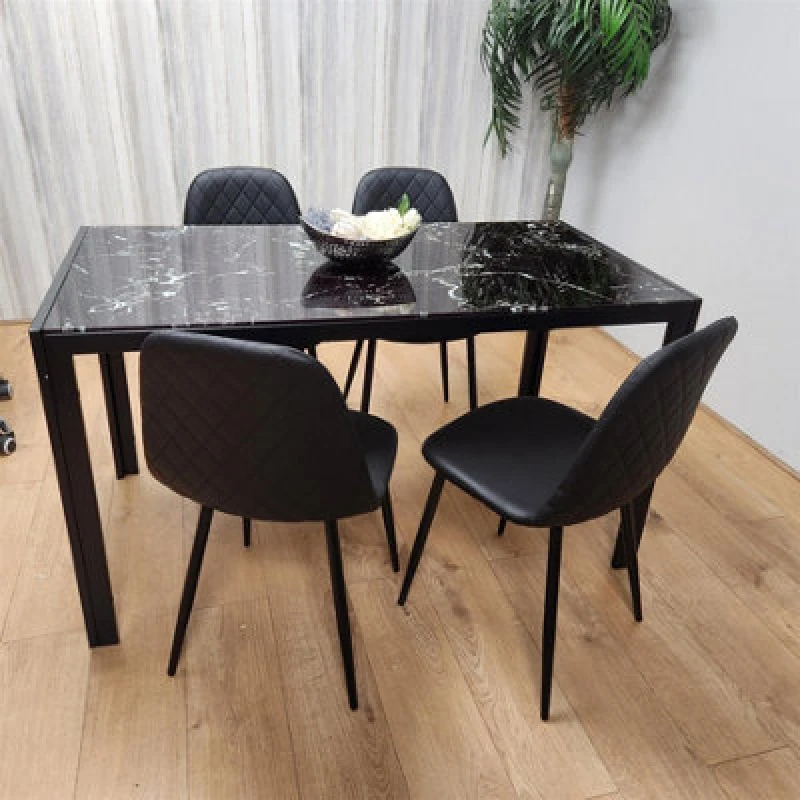 Image of KOSY KOALA KOSY KOALA Black Glass Marble Effect Dining Table with 4 Black Gem Pattern Chairs Black One Size Unisex 5060711589565