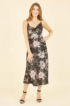 Image of Black Satin Floral Cowl Neck Slip Dress