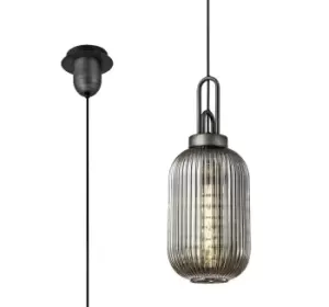 Image of 1 Light Pendant E27 20cm Tubular Ribbed Glass, Smoked Black, Aged Pewter