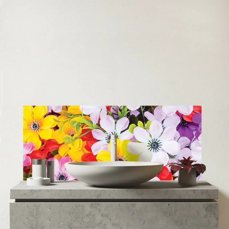 Image of Warren Reed - Designer Spring Flowers Glass Bathroom Splashback in Yellow Yellow Unisex