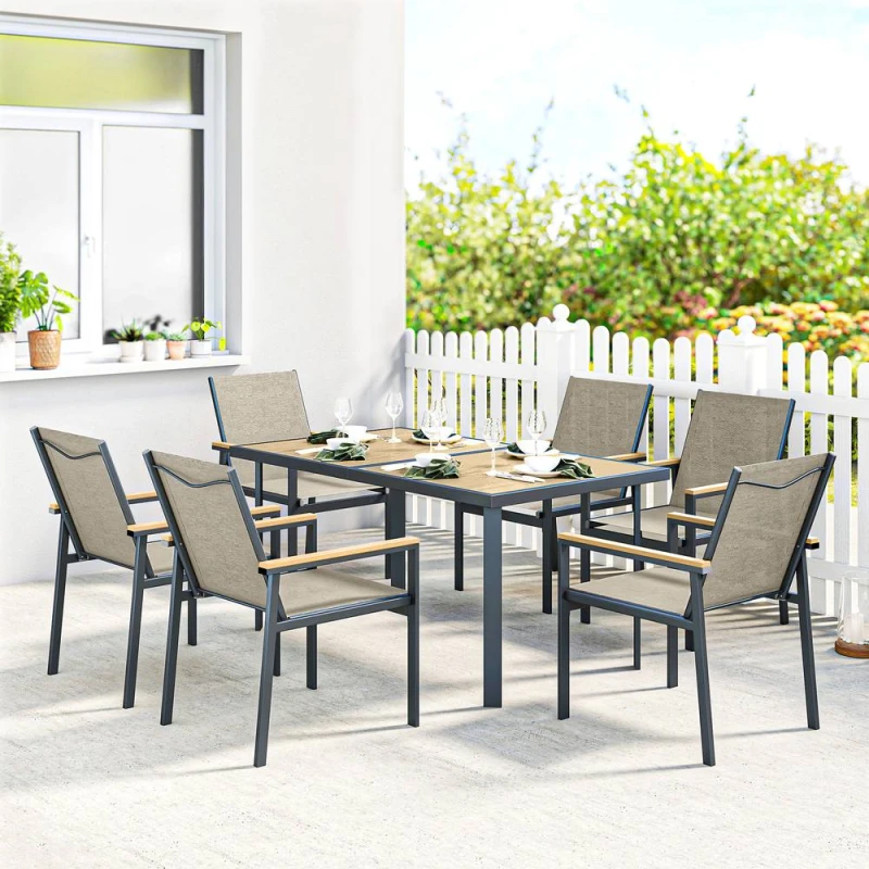 Image of Outsunny 7 Piece Garden Dining Set, Outdoor Table and 6 Chairs, Khaki, Brown 84G-363V01KK