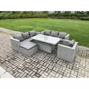 Image of Fimous 7 Seater Outdoor Light Grey PE Rattan Lounge Sofa Complete Set with Big Footstool