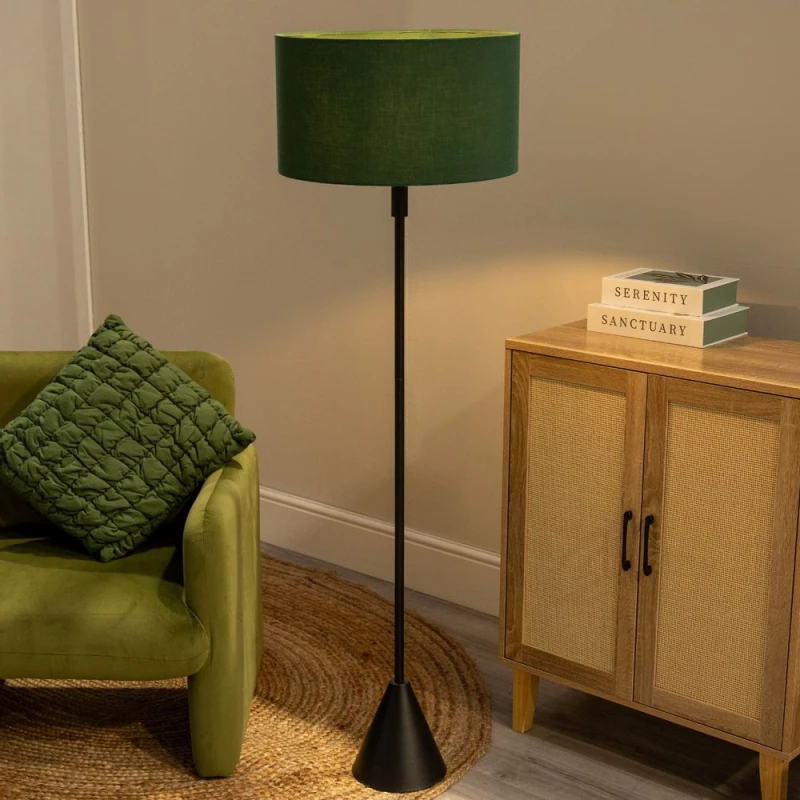 Image of ValueLights ValueLights Mitch Fabric Drum Shade Black Wood Single Stem Triangle Floor Lamp in Bottle Green Bottle Green One Size Unisex 5059406064616