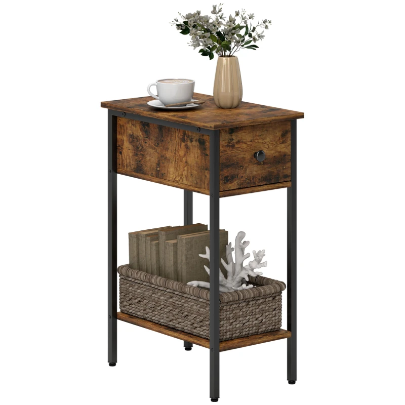 Image of HOMCOM HOMCOM Industrial Slim End Table Nightstand for Small Spaces Rustic Brown in Dark Brown Dark Brown One Size Unisex 5063603409767