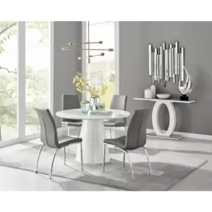 Image of Furniturebox Palma White High Gloss 4 Seat Minimalist Post Modern Round Dining Table & 4 Grey Isco Faux Leather Chairs