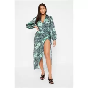 Image of I Saw It First Green Leopard Jacquard Satin Wrap Ruched Maxi Dress - Green