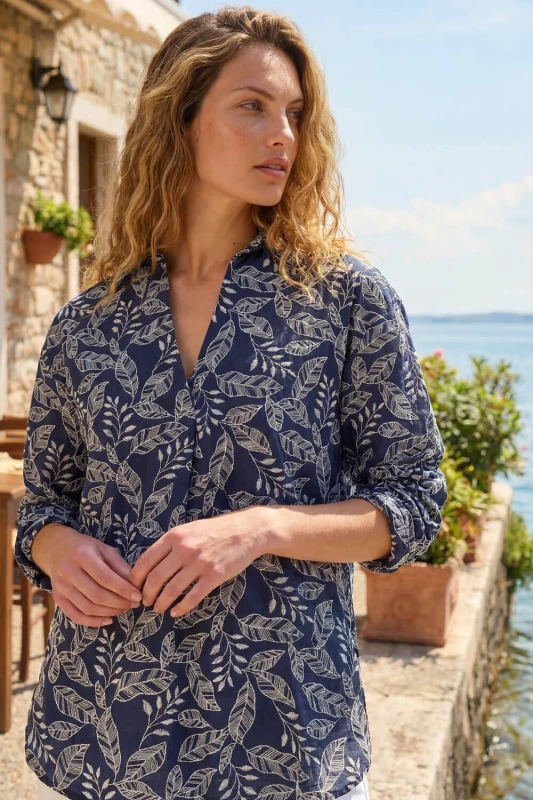 Image of Roman Womens Leaf Embroidered Collared Top in Navy Size: 18 Navy Female 18