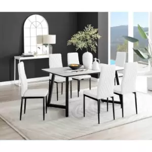 Image of Furniture Box Carson White Marble Effect Dining Table and 6 White Milan Black Leg Chairs