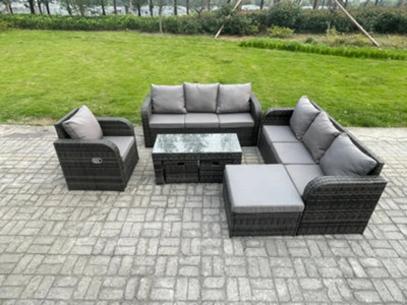Image of Fimous 10 Seater Outdoor Sofa Set Rattan Garden Furniture Set with Rectangular Coffee Table 3 Footstools 3 Seater Sofa Dark Grey Mixed Dark Grey