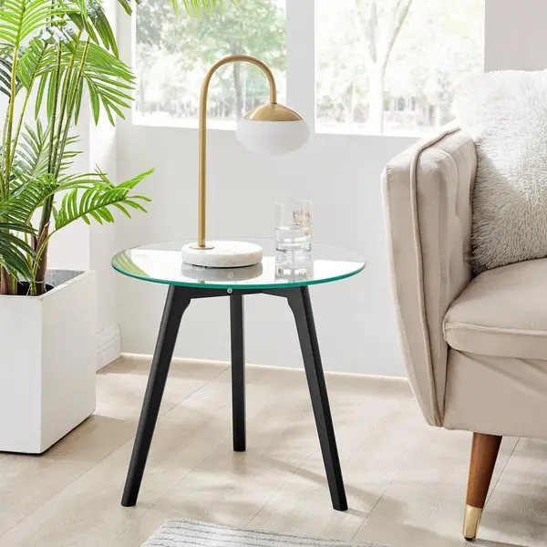 Image of FurnitureboxUK Malmo Beech Wood Scandi Inspired Side Table Medium 50cm With Round Tempered Glass Top and Wooden Legs Black