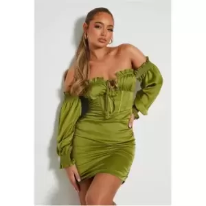 Image of I Saw It First Satin Ruched Tie Corset Balloon Sleeve Bodycon Dress - Green