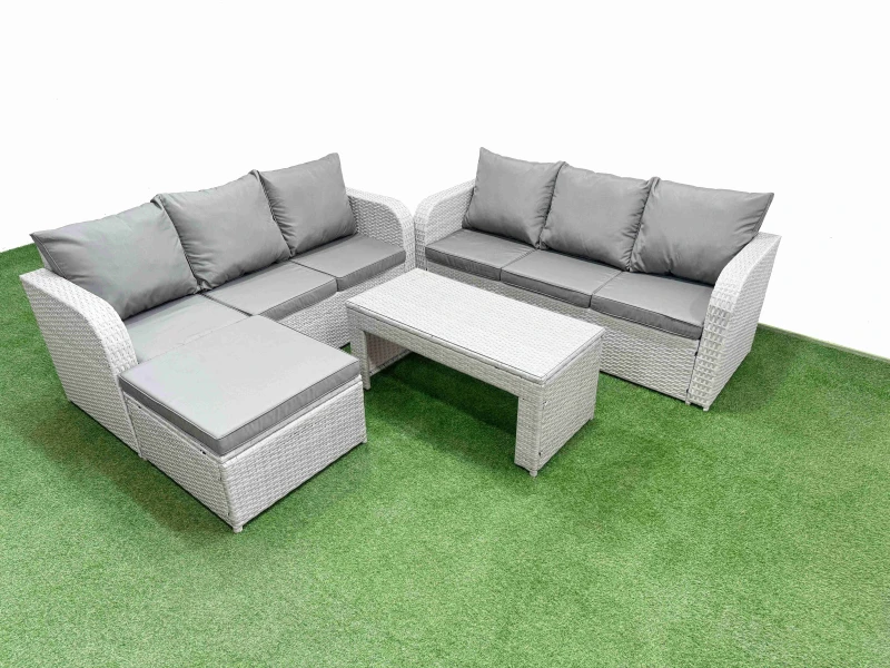 Image of Fimous Outdoor Garden Furniture Sets 7 Seater Wicker Rattan Furniture Sofa Sets with Oblong Coffee Table high Back Lounge Sofa Big Footstool Light Gre