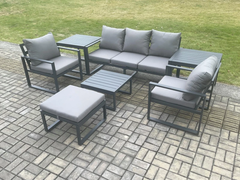 Image of Fimous Aluminium 6 Seater Outdoor Lounge Sofa Set Garden Furniture Sets with Square Coffee Table Chair Big Footstool 2 Side Tables Dark Grey Dark Grey