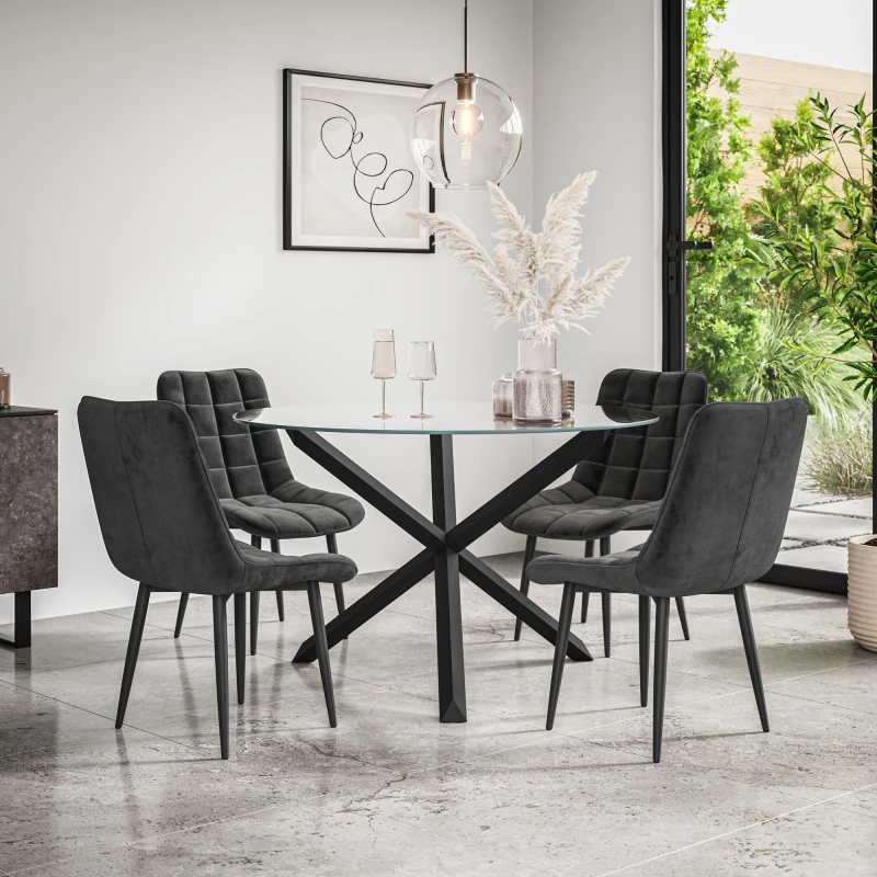 Image of More4Homes Malvern Round Dining Table And Chairs - Clear Glass Table Top W Solid Black Oak Legs + Nova Velvet Dining Chair Set Of 4 (Black)