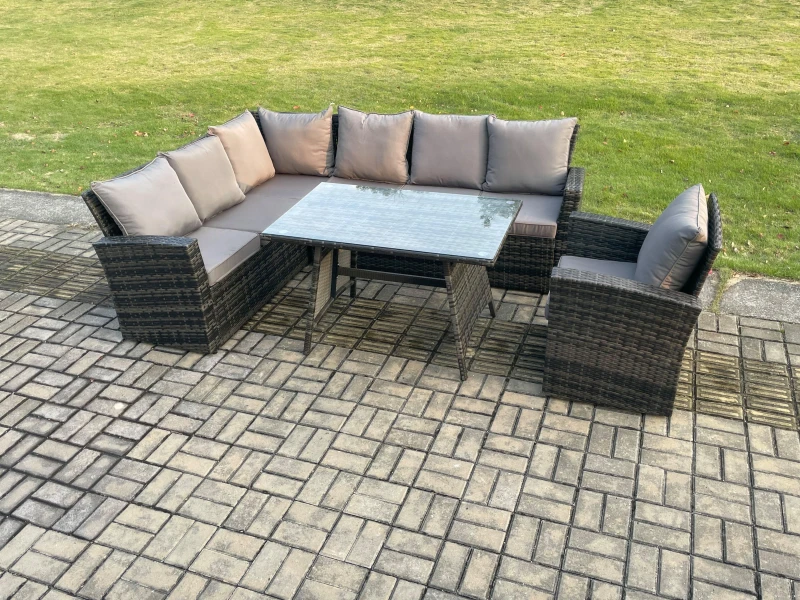 Image of Fimous High Back Outdoor Garden Furniture Set Rattan Corner Sofa Dining Table Set With Armchair 7 Seater in Dark Grey Dark Grey Unisex