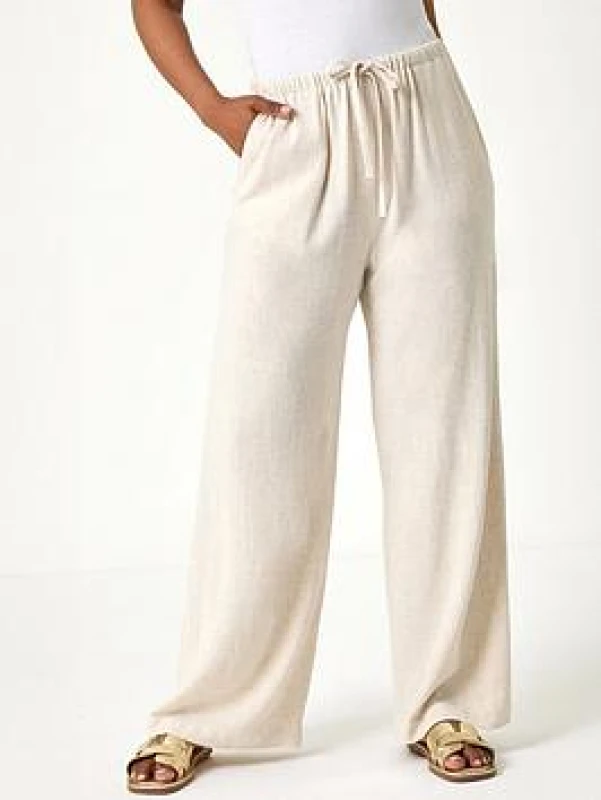 Image of Roman Womens Petite Linen Mix Wide Leg Trouser in Natural Size: 16 Natural Female 16