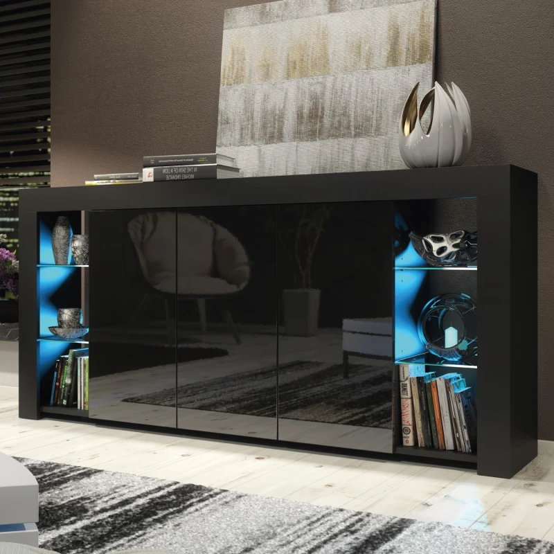 Image of Mex Furniture LTD Sideboard with LED Lighting & Gloss Doors / 164cm Black