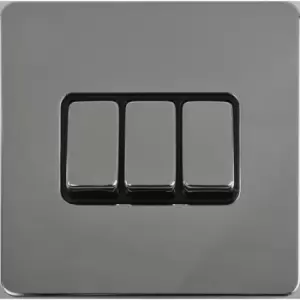 Image of Schneider Electric Ultimate Screwless Flat Plate - 3 Gang Rocker 2 Way Light Switch, Single Pole, 16AX, GU1432BPC, Polished Chrome with Black Insert