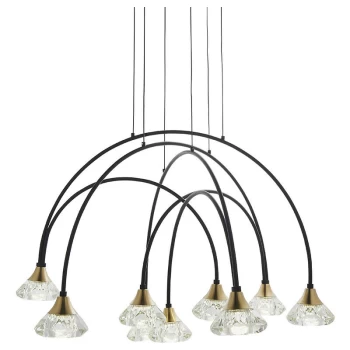 Image of Merano Ferrara 9 Light Ceiling Pendant Matt Black & Brushed Brass Finish With Clear Crystal