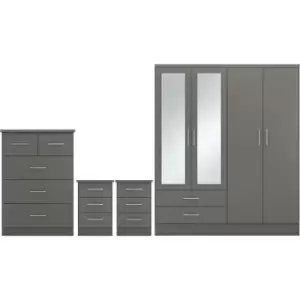 Image of Nevada 4 Door 2 Drawer Mirrored Wardrobe Set 3D Grey 2 Man Del