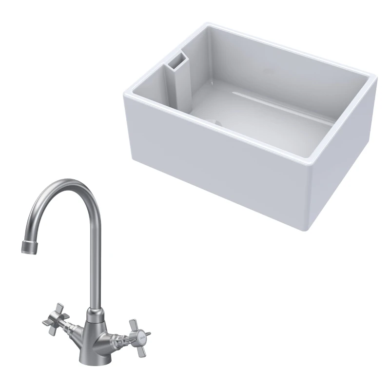 Image of Balterley Fireclay 1 Bowl Belfast Sink Tap Brushed Nickel 615mm White