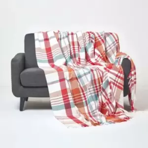 Image of Red Tartan 100% Cotton Falun Throw with Tassels, 225 x 255cm - Red - Red - Homescapes