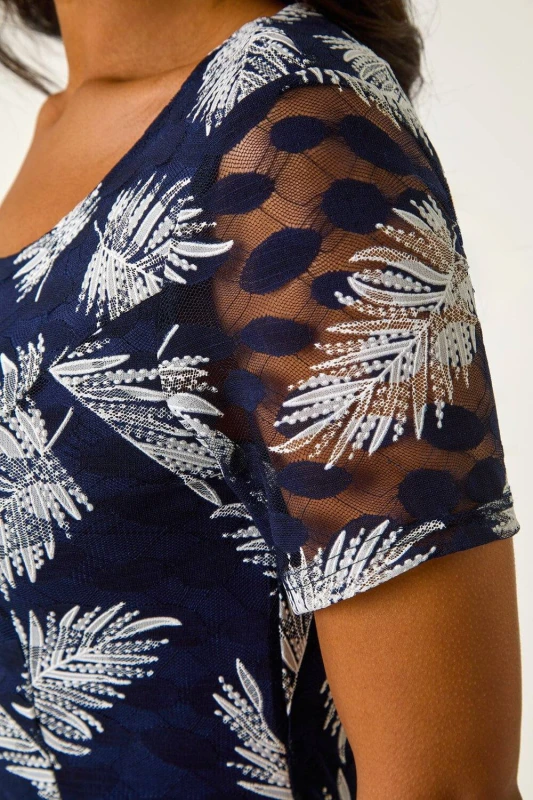 Image of Roman Womens Leaf Print Lace Stretch Dress in Navy Size: 20 Navy Female 20