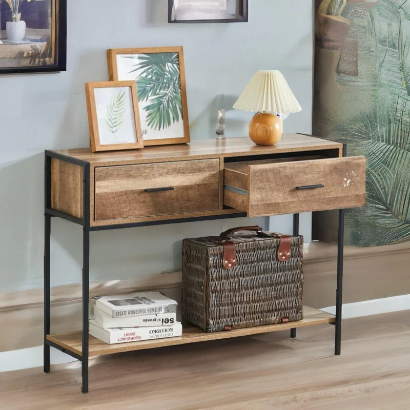 Image of Rafaelo Mobilia Industrial Console Table With 2 Drawers & Storage Shelf in Natural Natural Unisex
