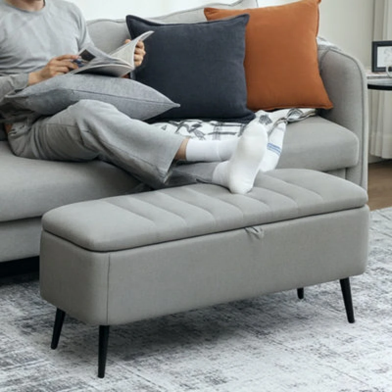 Image of HOMCOM HOMCOM Storage Ottoman Linen Fabric Bench with Flip Top for Living Room in Light Grey Light Grey One Size Unisex 5063603045163