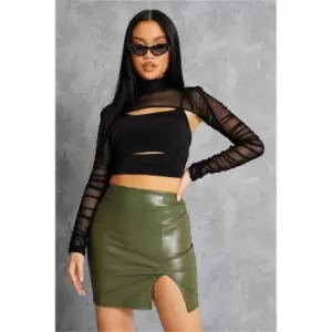 Image of I Saw It First Khaki Petite Faux Leather Split Detail Mini Skirt - Green