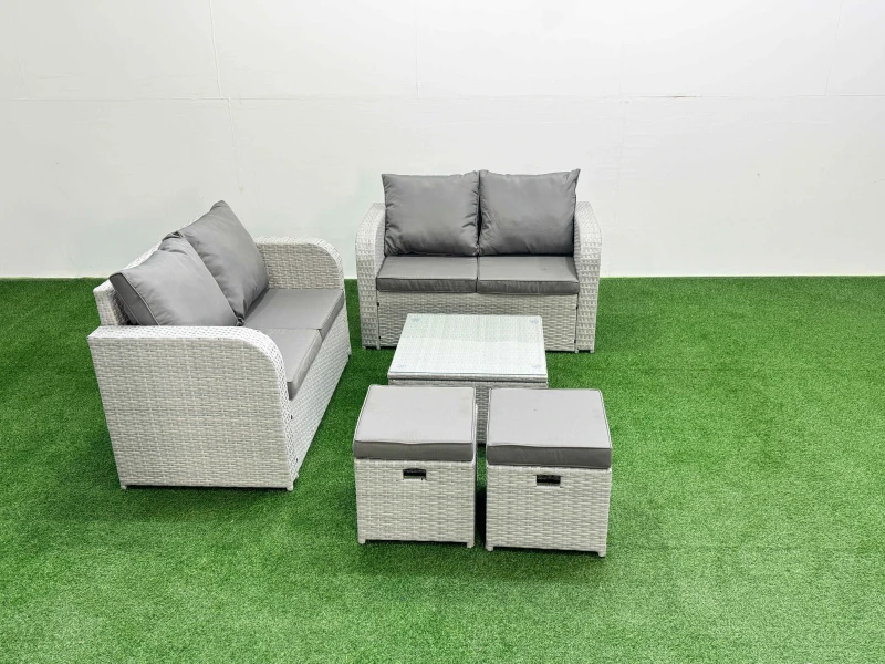 Image of Fimous 6 Seater Outdoor Love Sofa Set Rattan Garden Furniture Set with Square Coffee Table 2 Small Stools Light Grey Light Grey