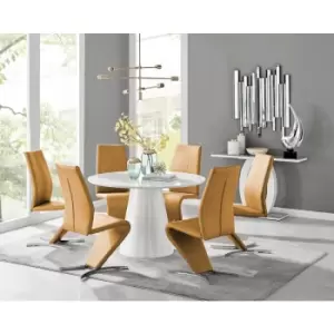 Image of Furniturebox Palma White High Gloss 6 Seat Minimalist Post Modern Round Dining Table & 6 Mustard Willow Faux Leather Chairs