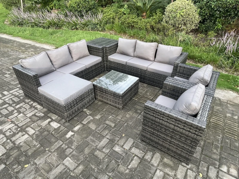 Image of Fimous Outdoor Rattan Garden Furniture Set 9 Seater Patio Lounge Sofa Set with 2 Armchairs Side Table Square Coffee Table Big Footstool Dark Dark Grey