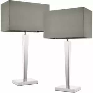 Image of Loops - 2 pack Rectangular Table Lamp Light Modern Chrome & Grey Shade Sleek Sideboard