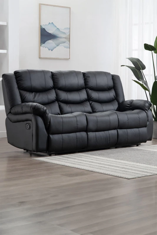Image of More4Homes Seattle Manual High Back Bonded Leather Recliner 3 Seater Sofa (Black)
