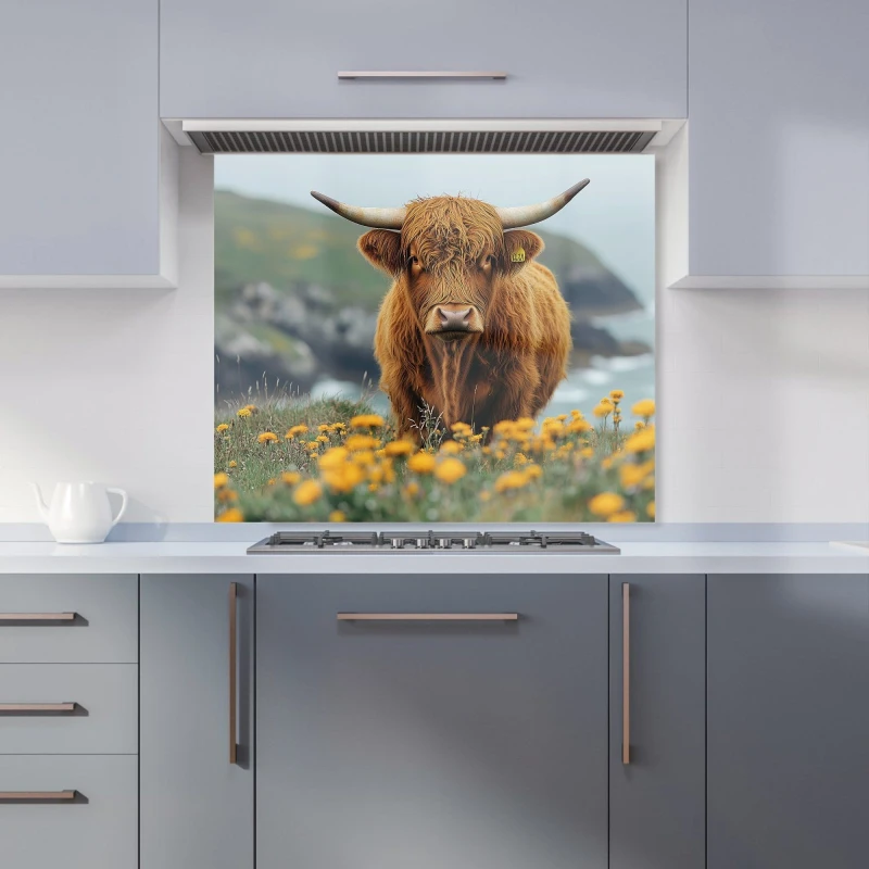Image of Warren Reed - Designer Highland Cow By The Coast Kitchen Splashback in Brown Size: 900mm x 750mm Brown Unisex 900mm x 750mm