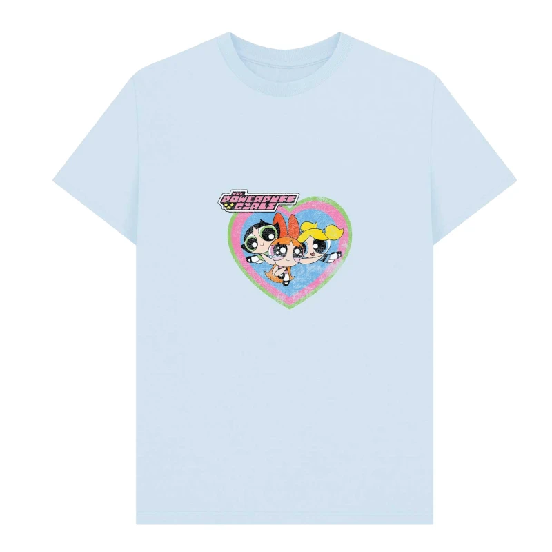 Image of Powerpuff Girls Mens Faded Heart T-Shirt in Light Blue Size: Small Light Blue Male S