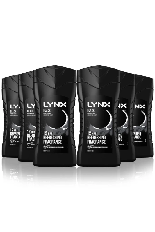 Image of Lynx Black 12H Fragrance Shower Gel 'Body Wash' for Men, 6x225ml Black male