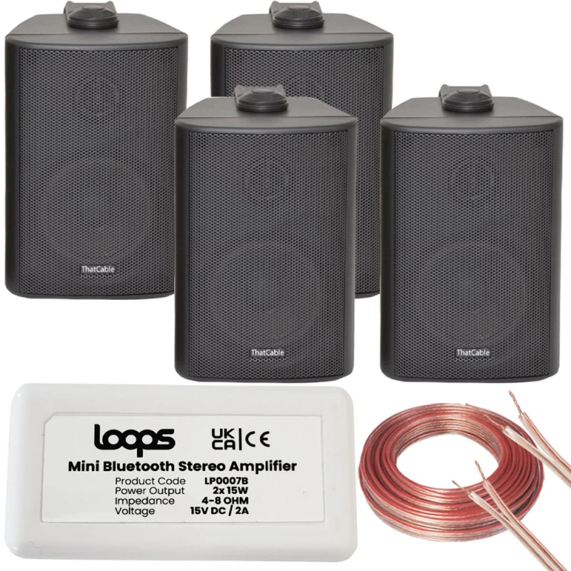 Image of Loops Wireless Bluetooth Amplifier & 4x 4" 70W Black Wall Mounted Speakers Amp System Black unisex