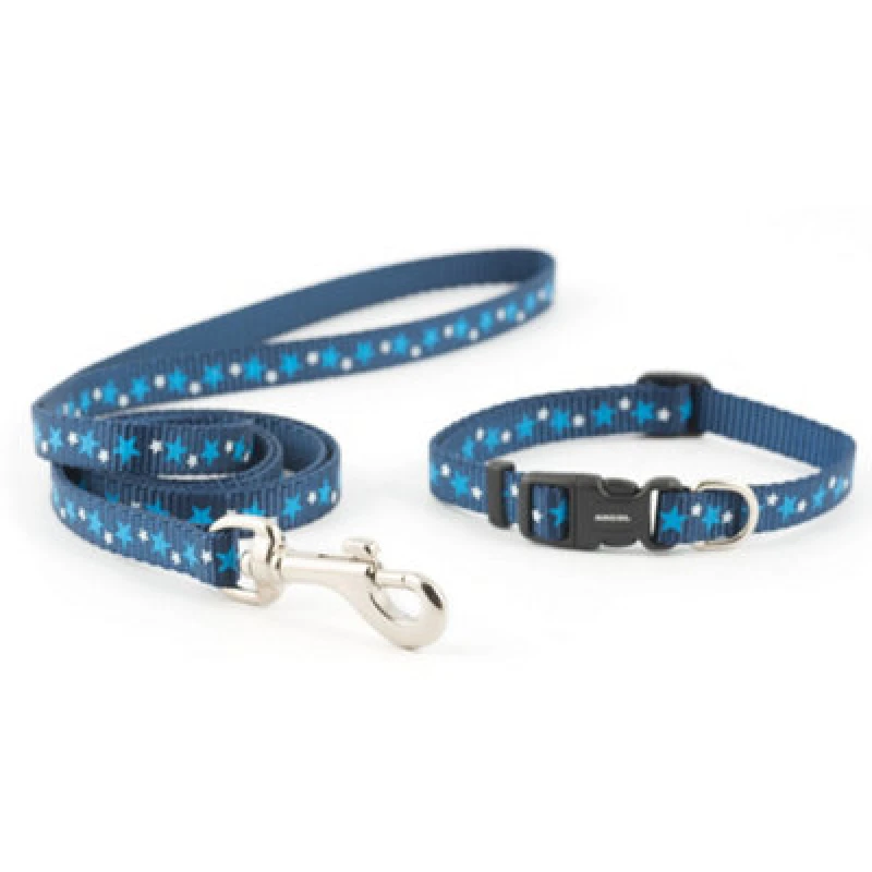 Image of Ancol Blue 'Small Bite' Stars Print Adjustable Dog Collar and Lead Set Blue