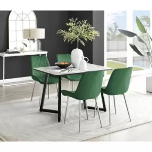Image of Furniturebox Carson White Marble Effect Recatngular 120cm Dining Table & 4 Green Pesaro Silver Leg Velvet Chairs