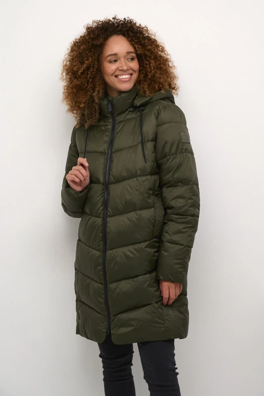 Image of Kaffe Womens Susanne Hooded Zipper Puffer Coat in Dark Olive Size: 16 Dark Olive Female 16