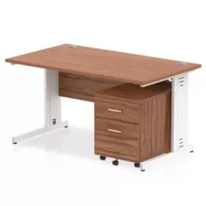 Image of Impulse 1400 x 800mm Straight Office Desk Walnut Top White Cable Managed Leg Workstation 2 Drawer Mobile Pedestal