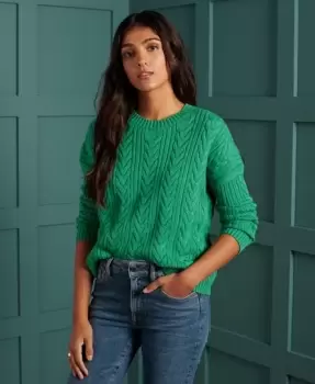 Image of Superdry Womens Dropped Shoulder Cable Knit Crew Neck Jumper Green / Woodland Green - Size: 8